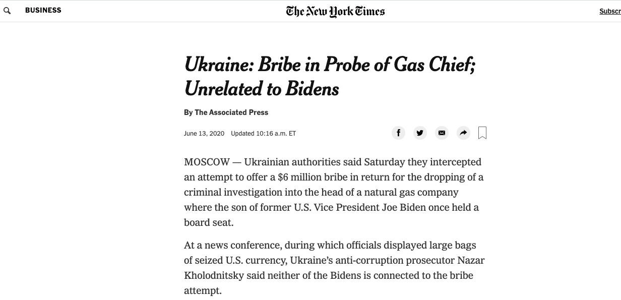 New York Times Felt Need To Tell You - Bribe To Stop Investigation Into Hunter Biden Has Nothing To Do With Joe Or Hunter Biden