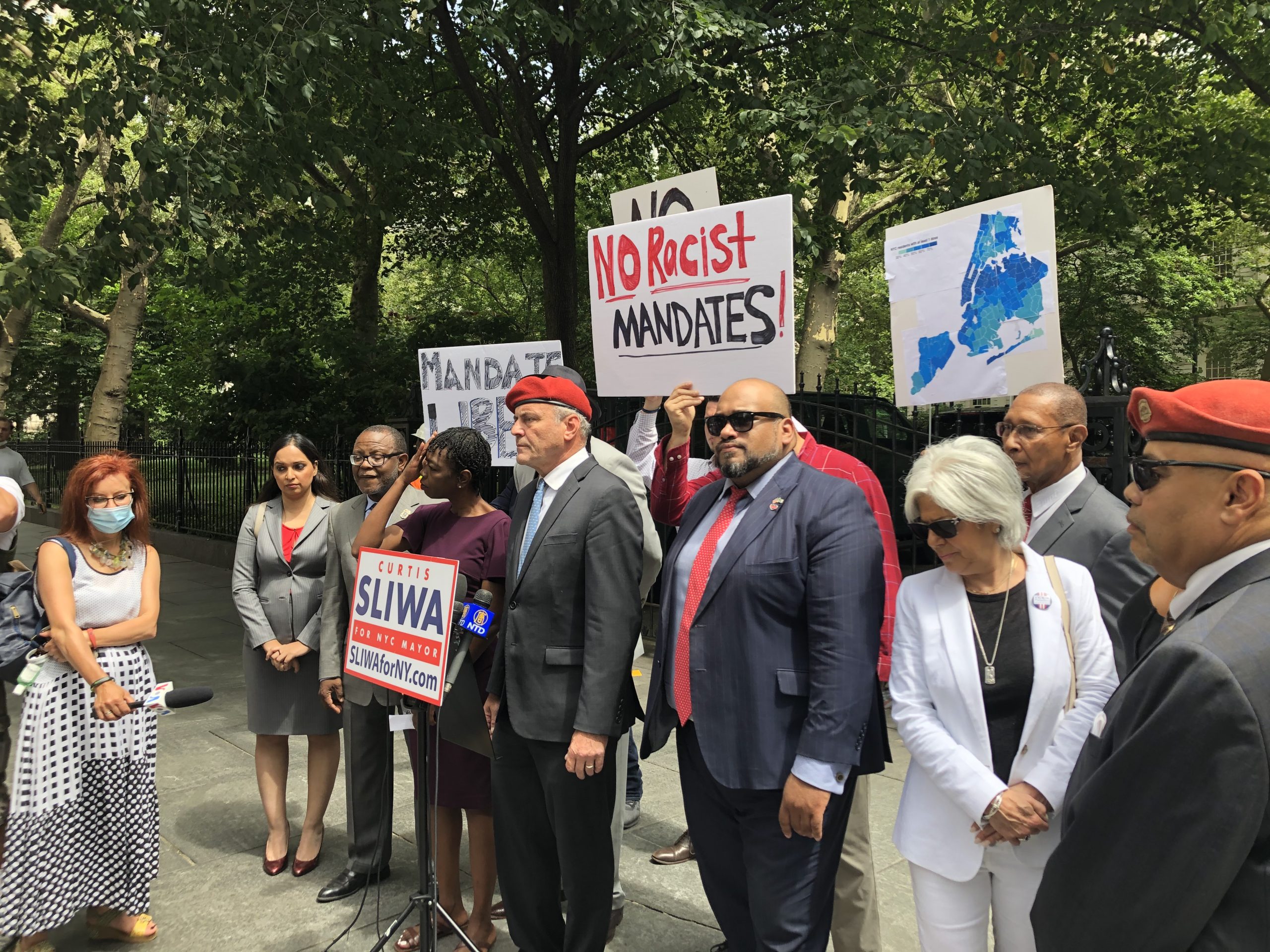 NYC Mayoral Candidate Curtis Sliwa And Black Conservative City Council Candidates Protest In Front Of City Hall Against Racist Vaccine Passports