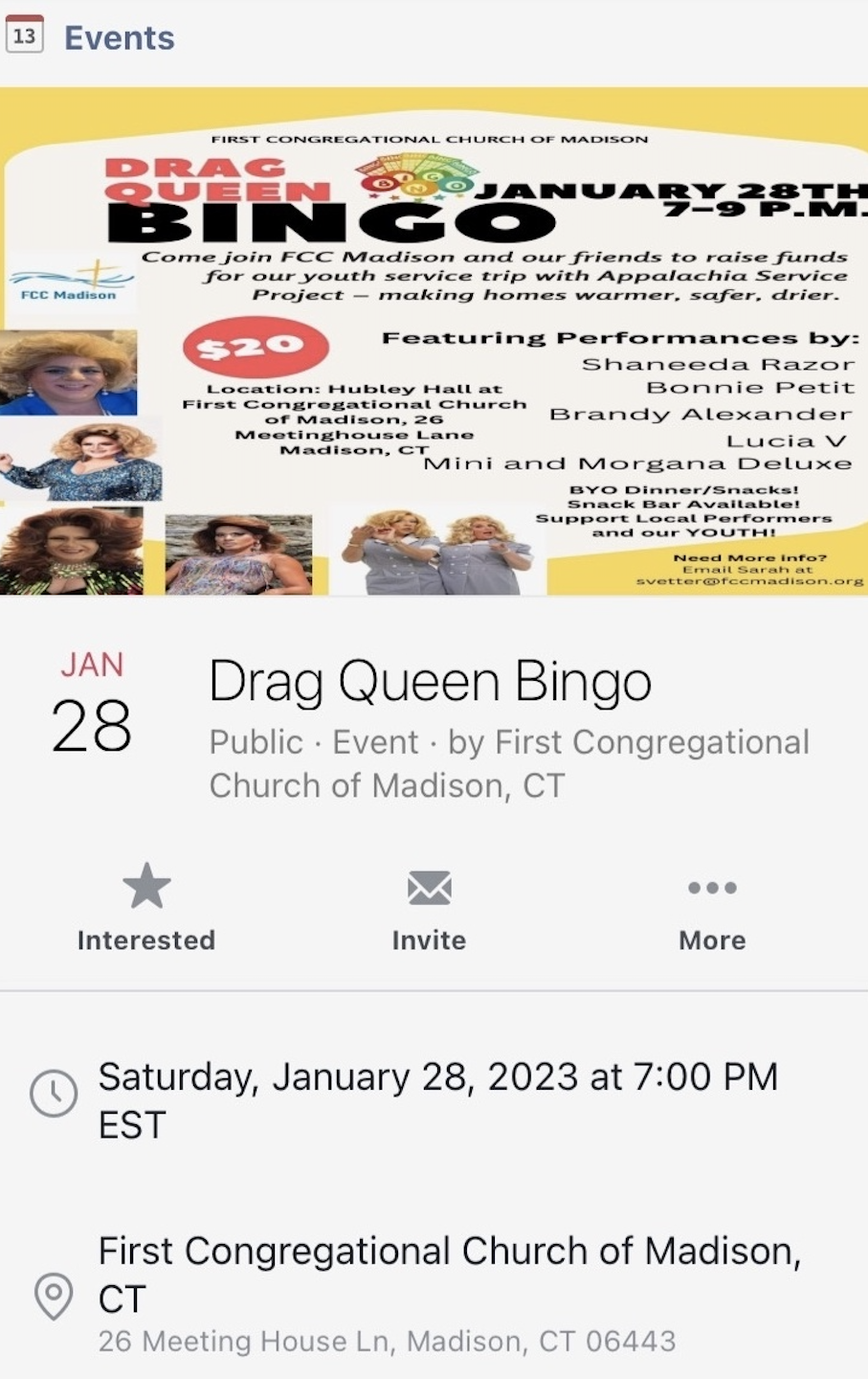 First Congregational Church Of Madison, CT Holds Drag Queen Bingo Night.