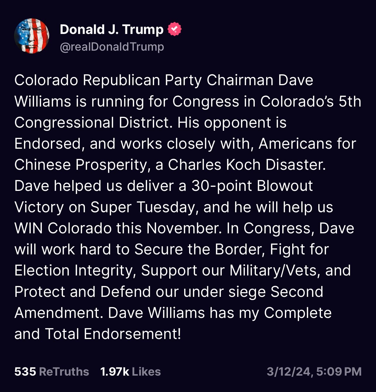 Donald J. Trump Endorses Colorado GOP Chairman Dave Williams In The Race For Colorado's 5th Congressional District