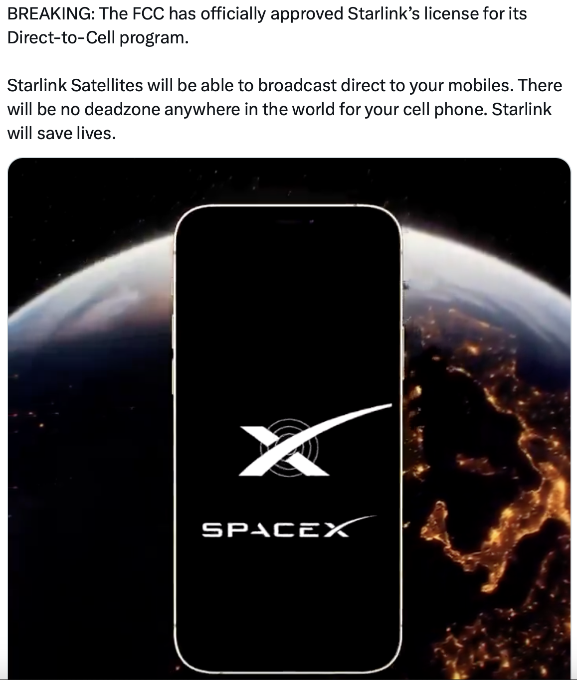 BREAKING: FCC Approves Starlink 'Direct To Cell' License, Eliminating 'Dead Zones' For Cell Phones